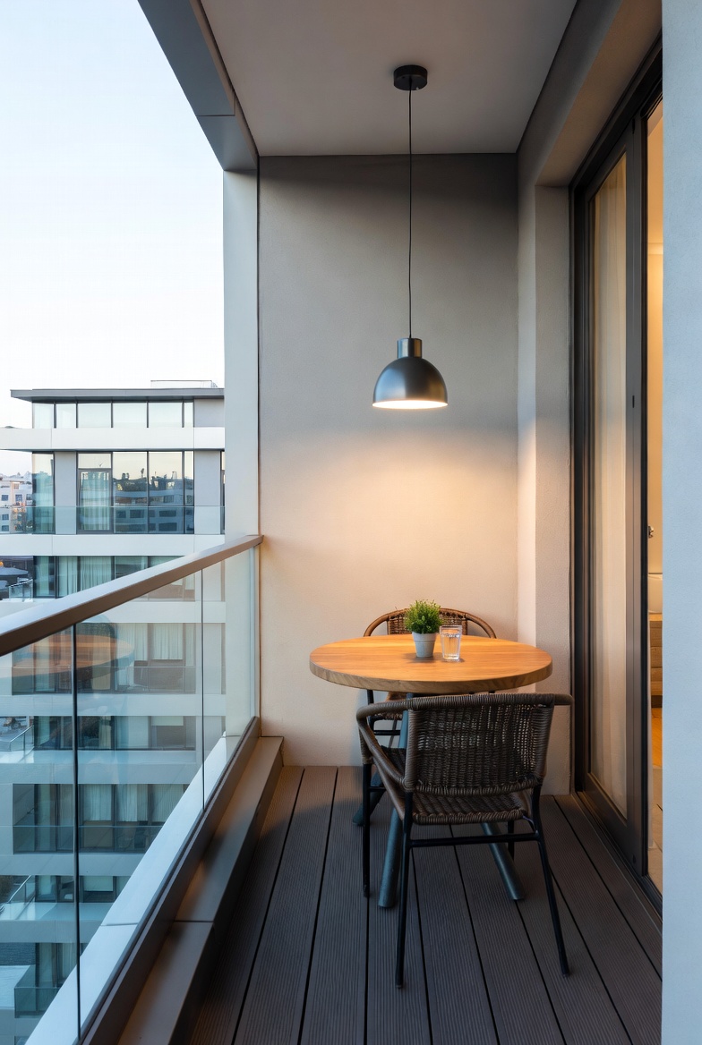 Moderne balkong med stilfull innredning